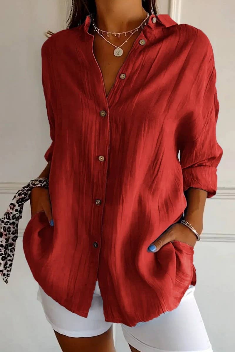 CWTSTL2281_SOLID COLOR SINGLE BREASTED PLEATED LAPEL SHIRT