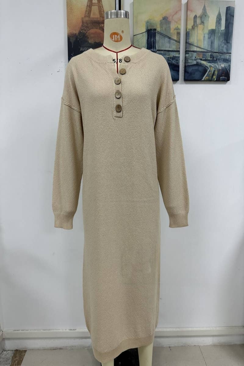 CWDMD538  Long Sleeve Loose V-Neck Button Tops Long Sweater
