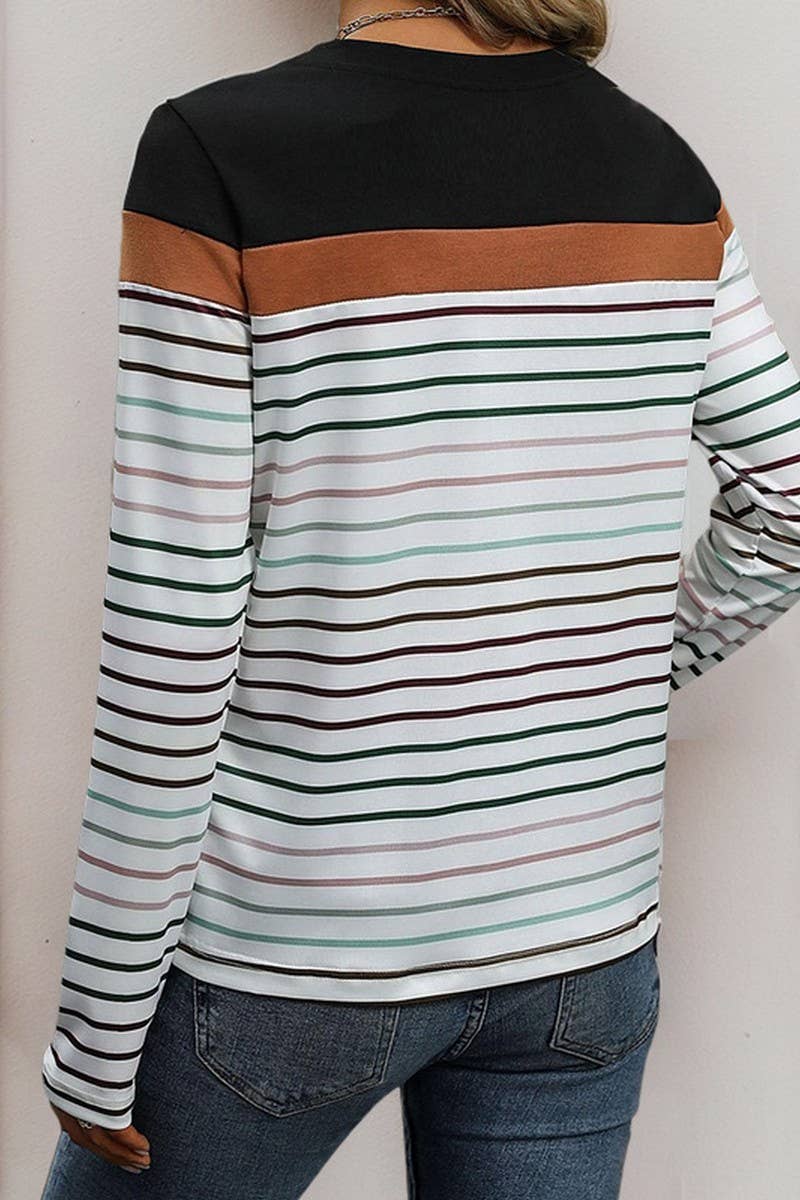 CWTBLL1735_ROUND NECK LONG SLEEVE STRIPED CASUAL T-SHIRT