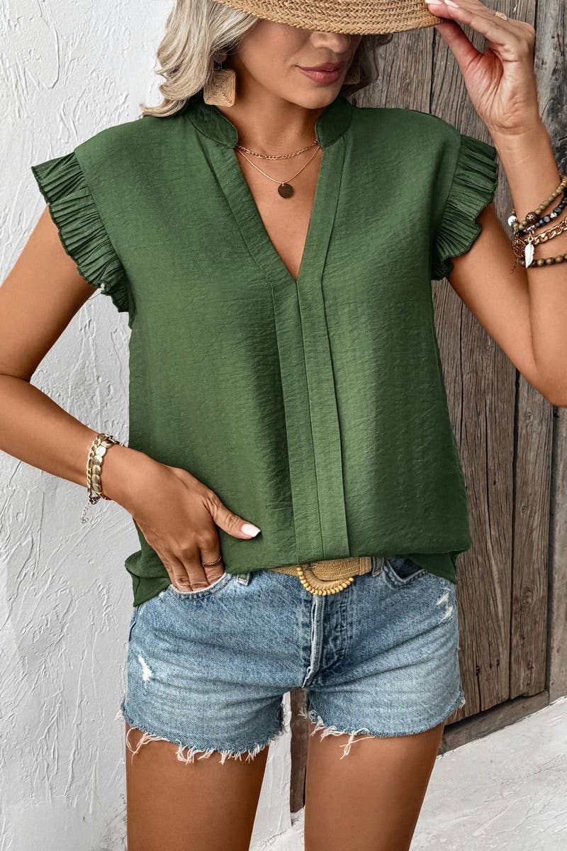 CWTBLS1850_SOLID COLOR CASUAL V-NECK FLOWY SLEEVE TOP
