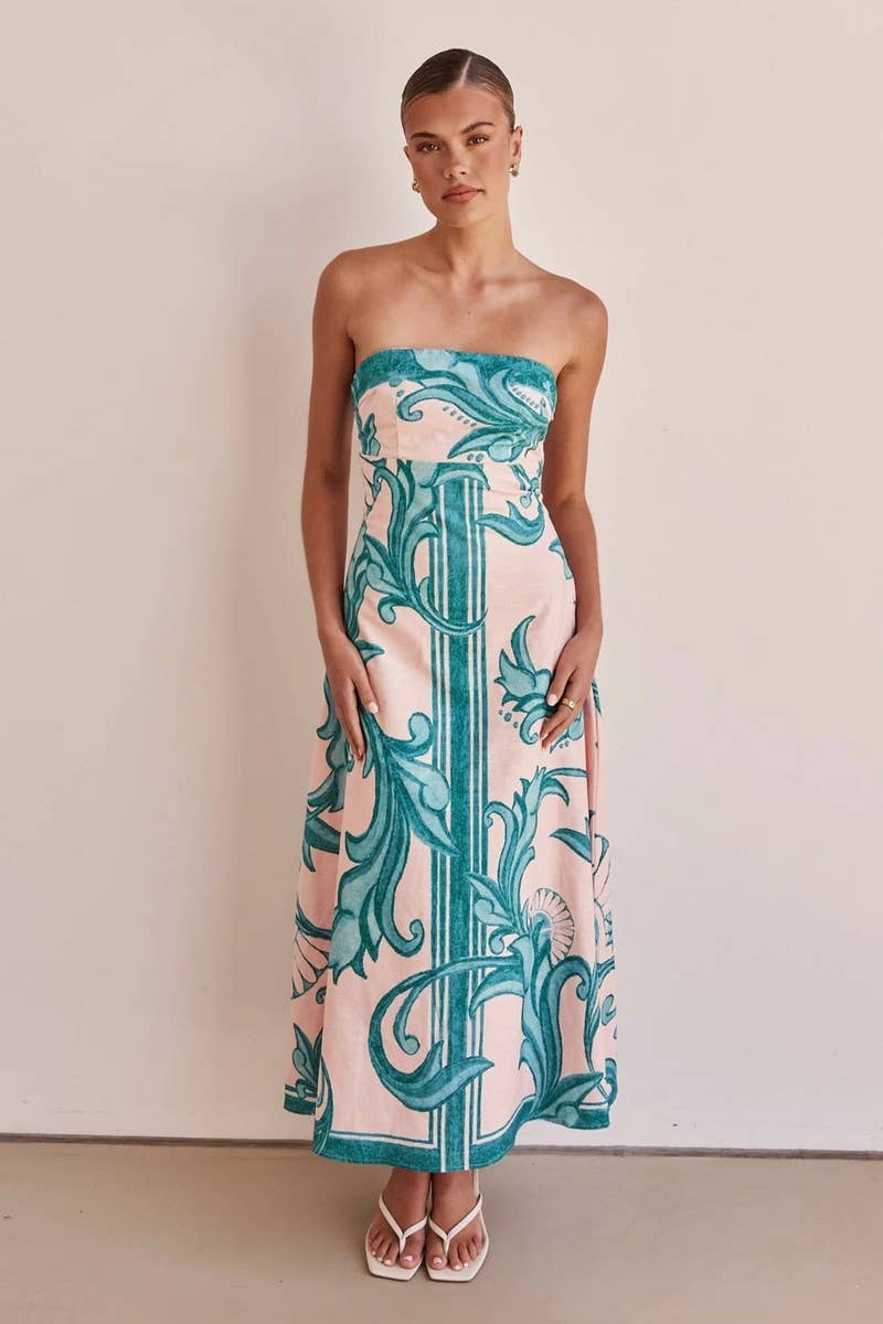 CWDTD0442_STRAPLESS FLORAL PRINT FITTED MAXI DRESS