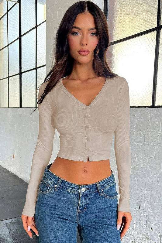 CWTTL2051_SEXY NAVEL-BARING THREADED BUTTON SHOULDER T-SHIRT