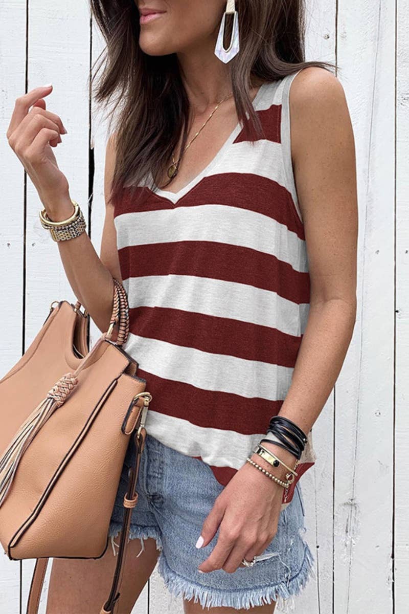 CWOV0429_CASUAL V-NECK SLEEVELESS STRIPED TANK TOP