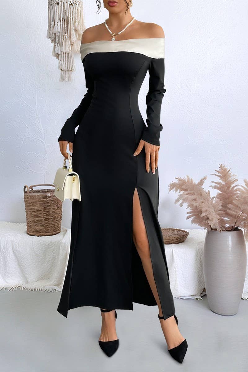 CWDMD6302_OFF SHOULDER SPLIT LONG SLEEVE EVENING DRESS