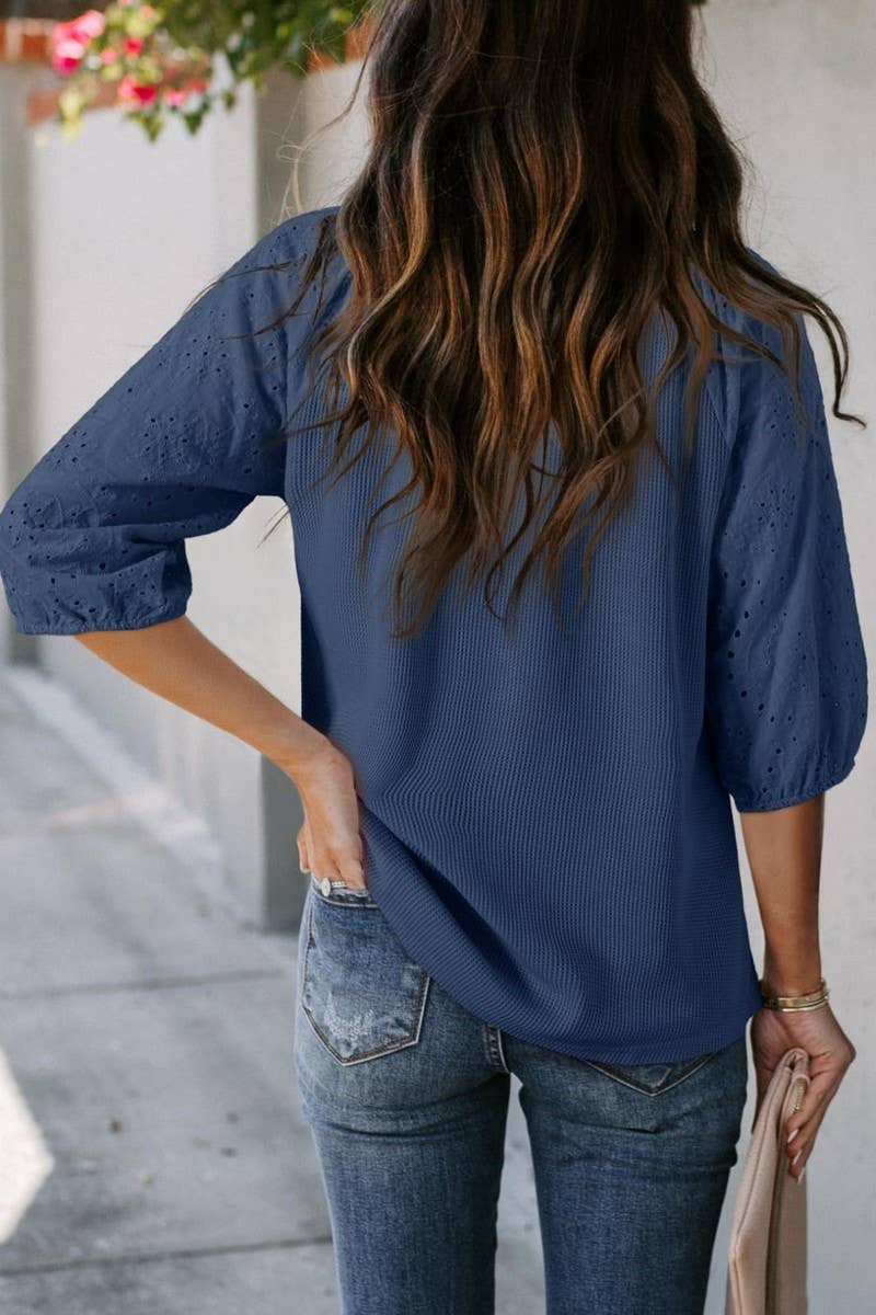 CWOHOS0021_SUMMER DRAWSTRING HOLLOW V-NECK SLEEVE T-SHIRT