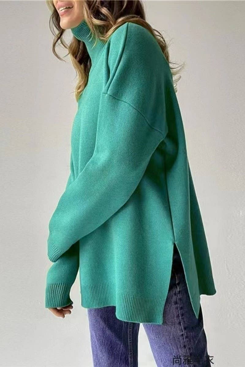 CWOSWL07651_SOLID COLOR HIGH COLLAR SLIT KNITTED TOP