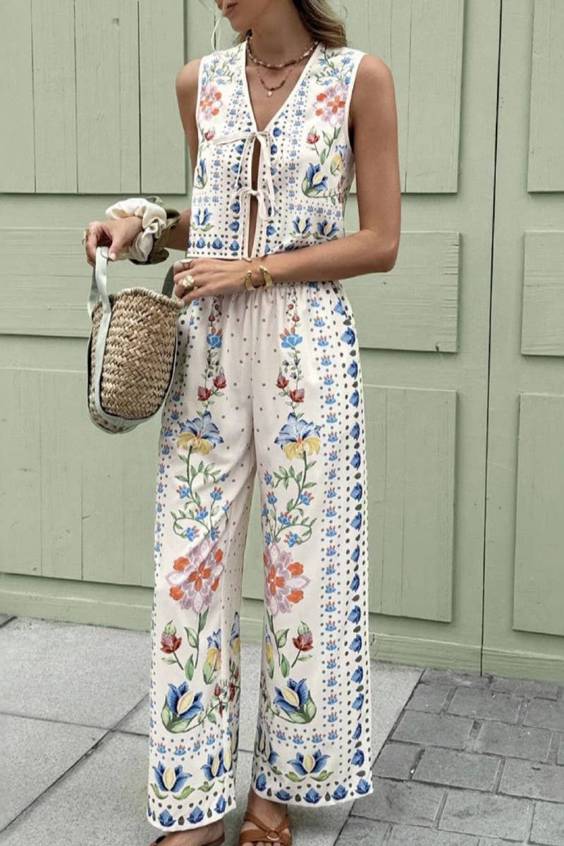 CWSTB00360_PRINTED TIE WAIST VEST & WIDE LEG PANTS SET