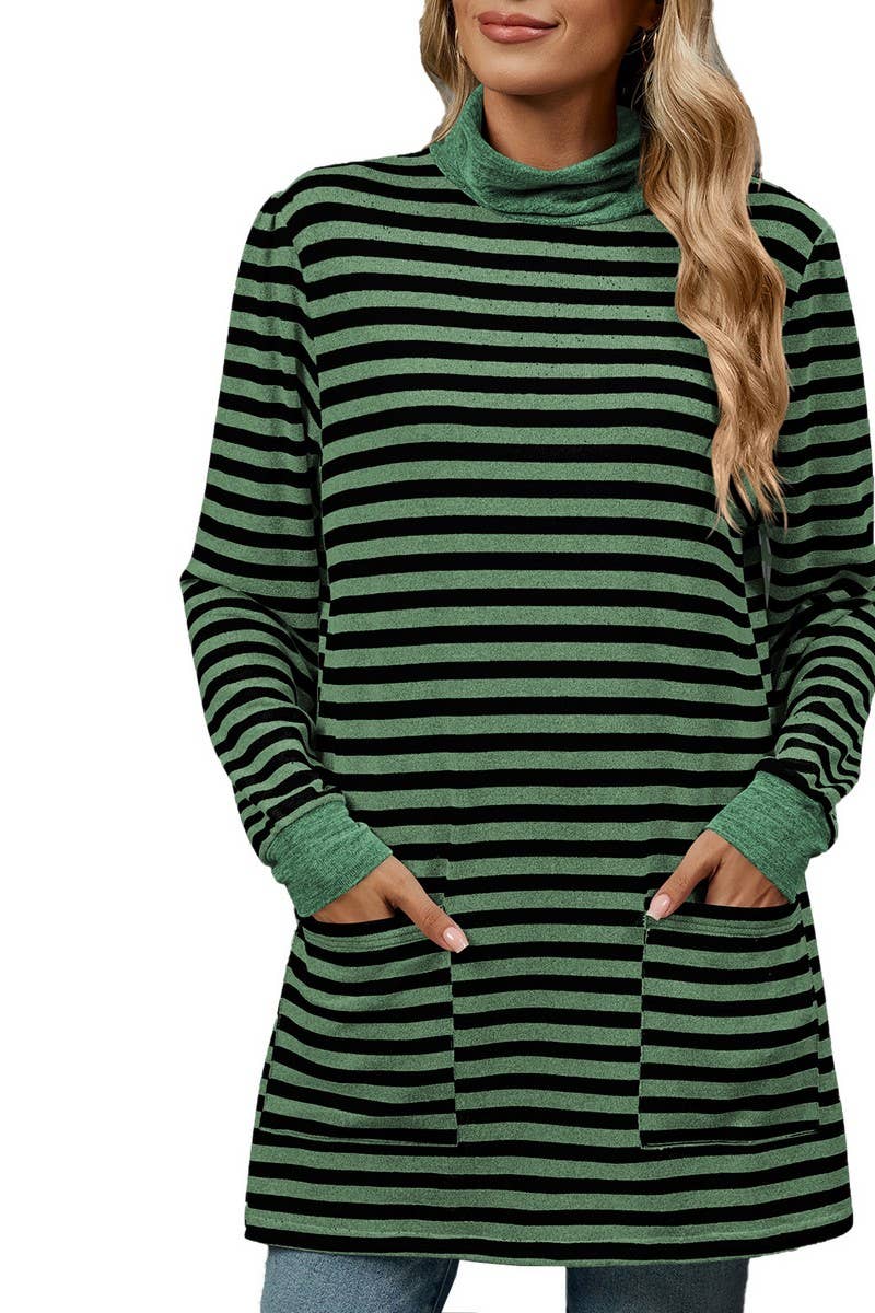 CWTBLL2357_HALF TURTLENECK STRIPED KNITTED LONG SLEEVE TOP