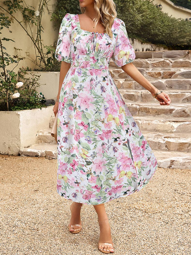 Floral Elegant Lantern Sleeve Dress