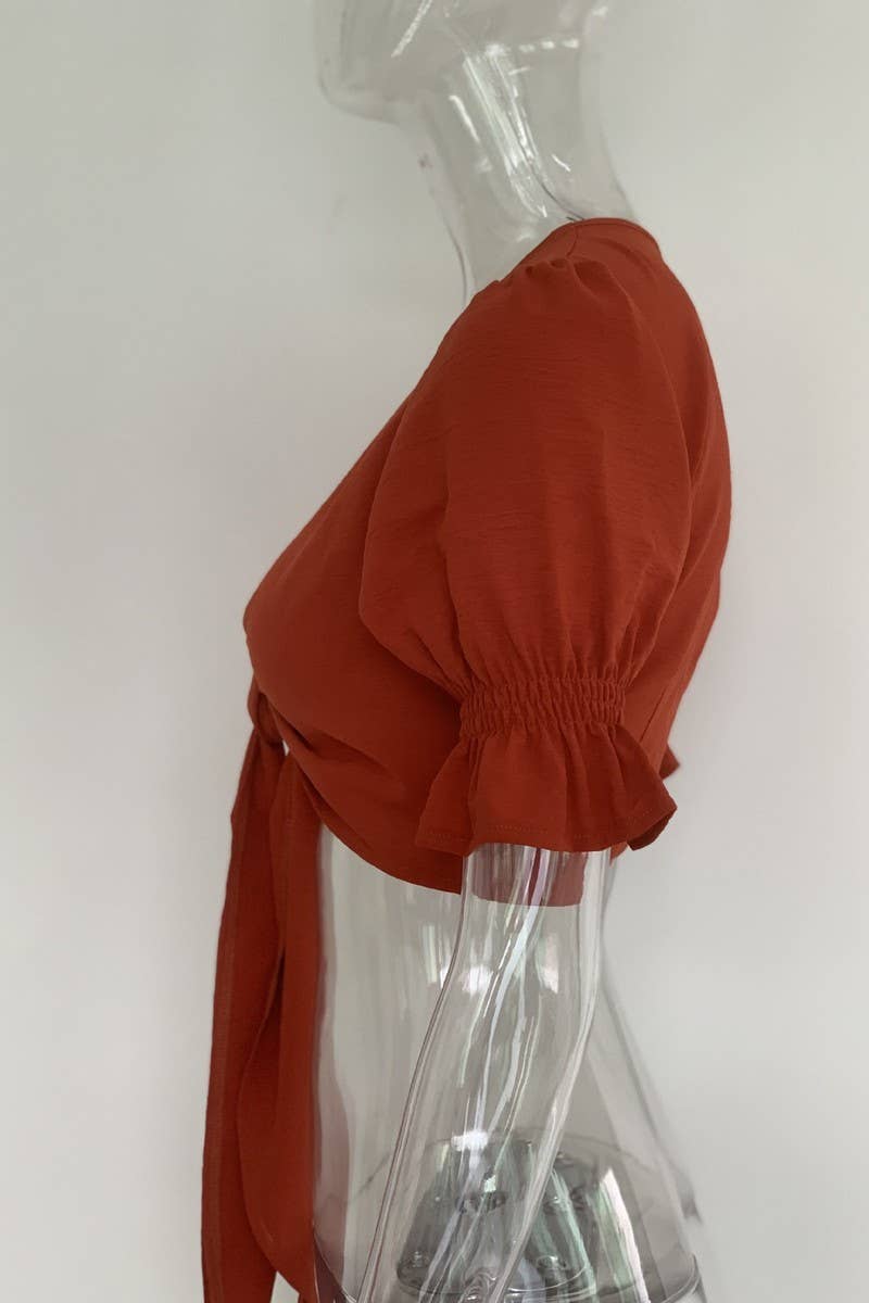 CWTBLS2349_SOLID COLOR LACE-UP CARDIGAN CROPPED TOP SHIRT