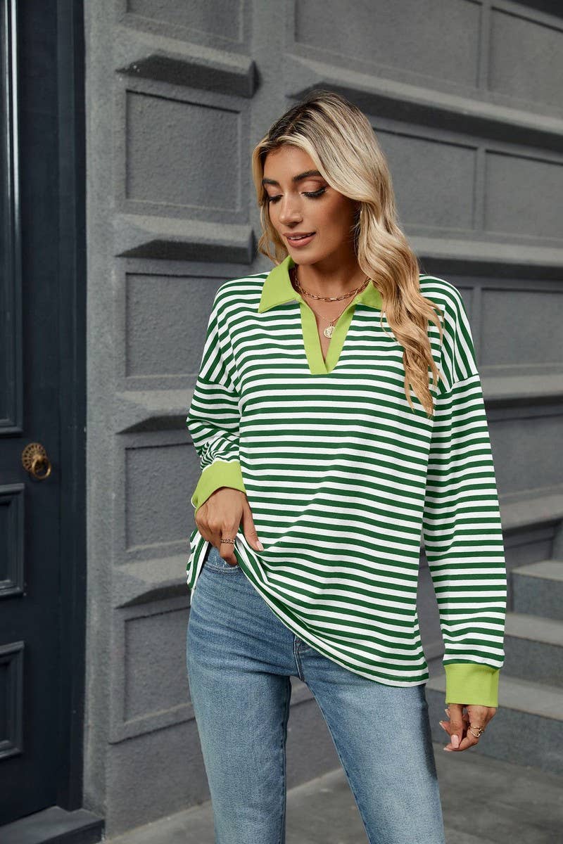 CWTBLL2361_CONTRAST COLOR LAPEL LOOSE STRIPED SWEATSHIRT