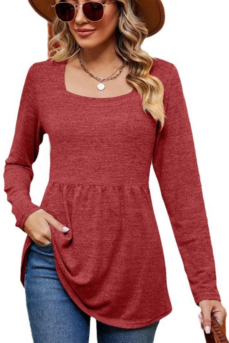 CWTBLL2397_SQUARE NECK LONG SLEEVE WAISTED MID-LENGTH TOP