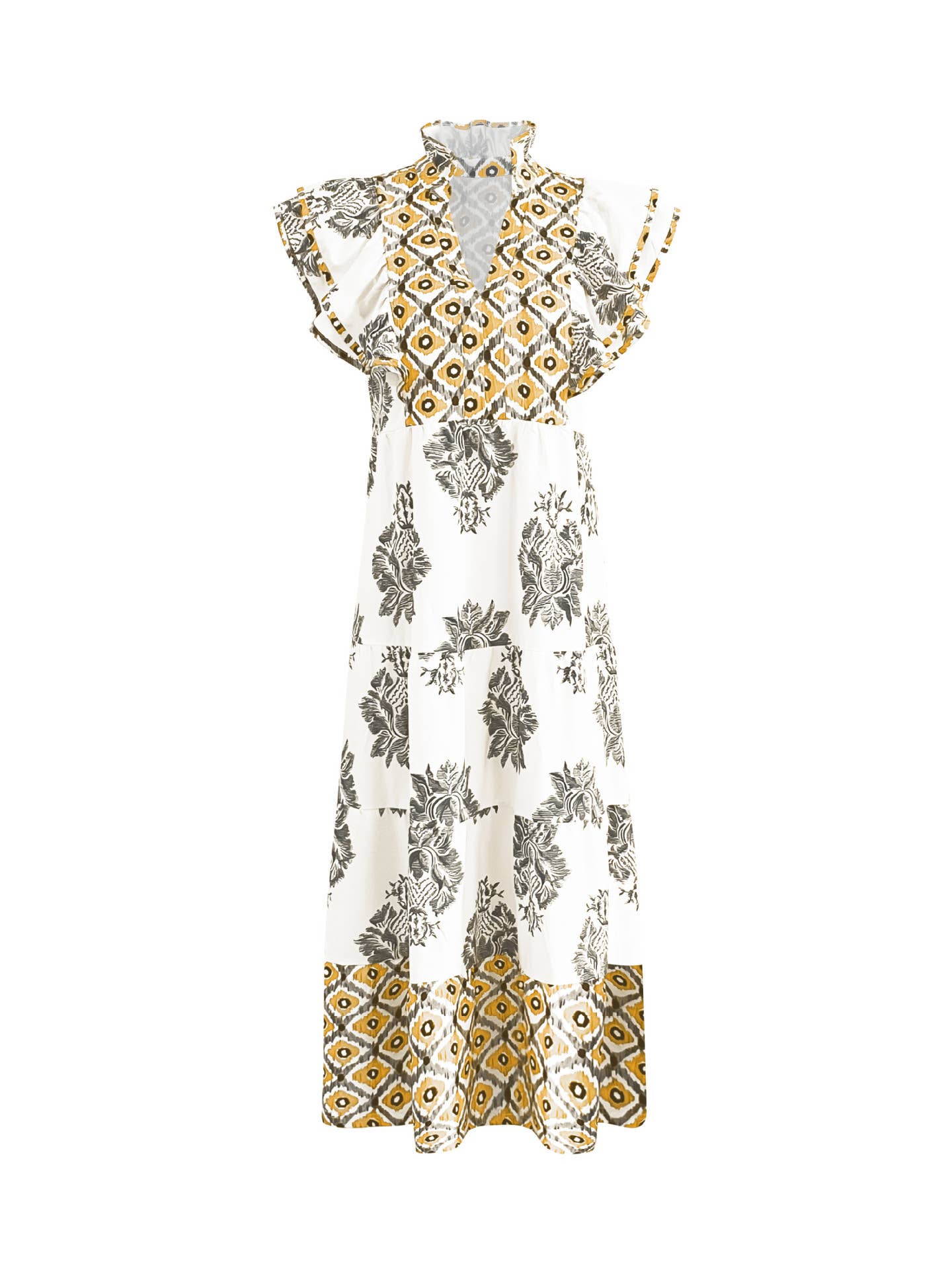 Elegant stylish printed long cinched-waist dress