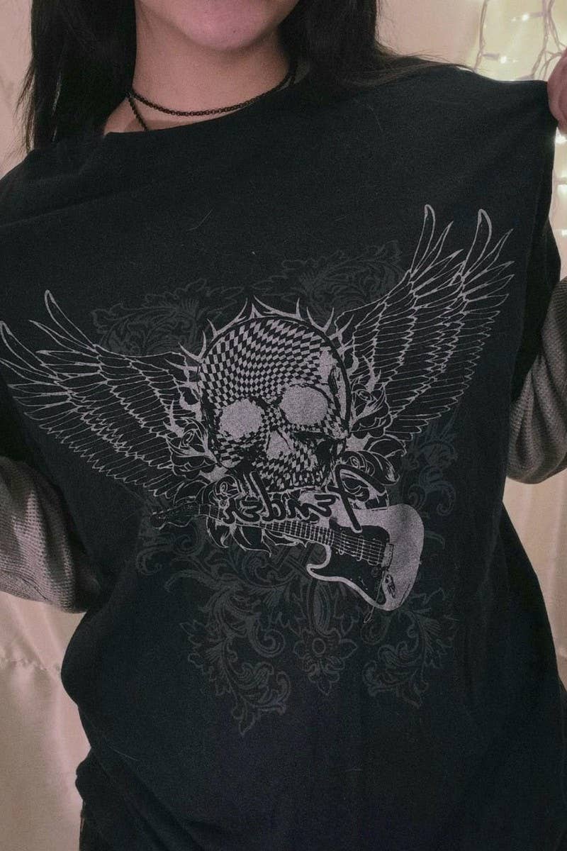 CWTBLL3164_FAKE TWO-PIECE STITCHING PRINTED SKULL TOP