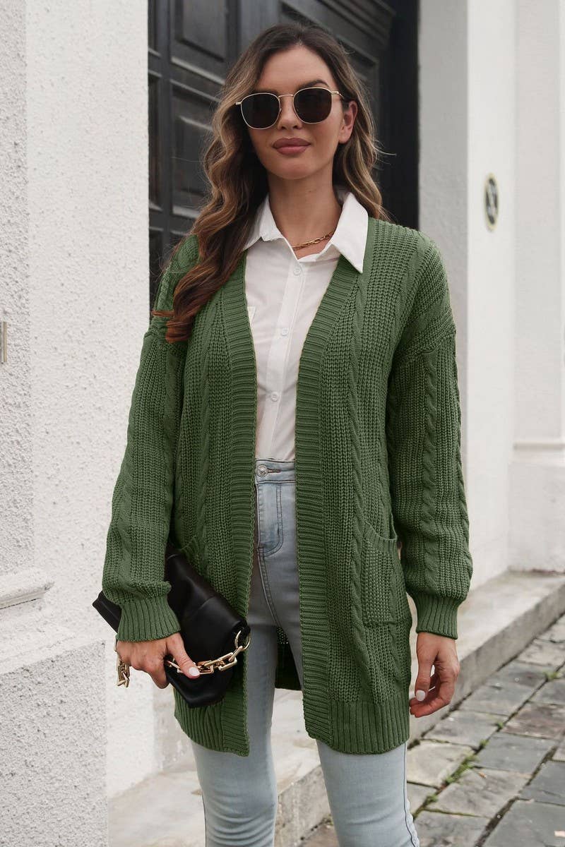 CWOCAL1257_SOLID COLOR CABLE KNITTED MID-LENGTH CARDIGAN