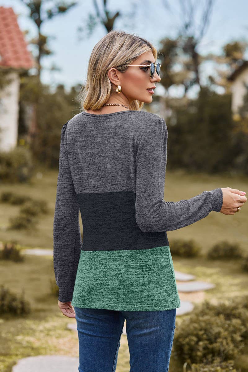 CWTBLL3681_SQUARE NECK PATCHWORK LOOSE LONG SLEEVE T-SHIRT