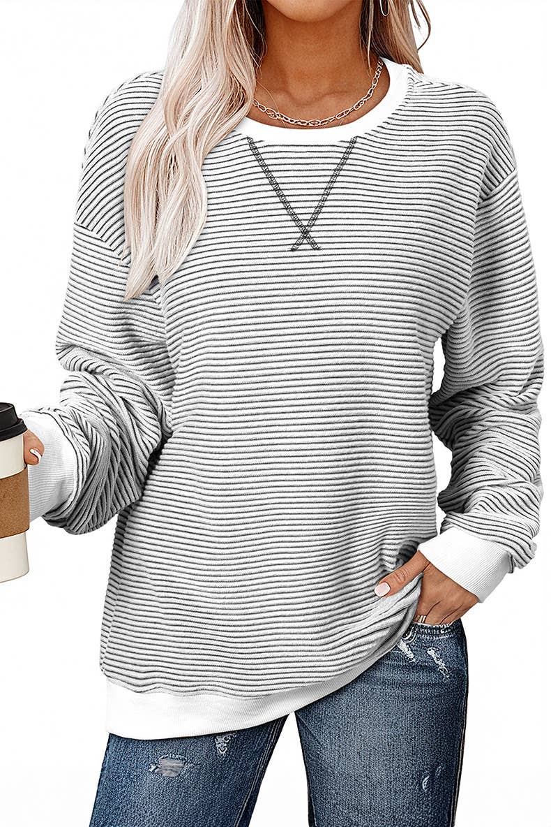 CASUAL COMMUTING LADY STRIPED CREW NECK HOODIE