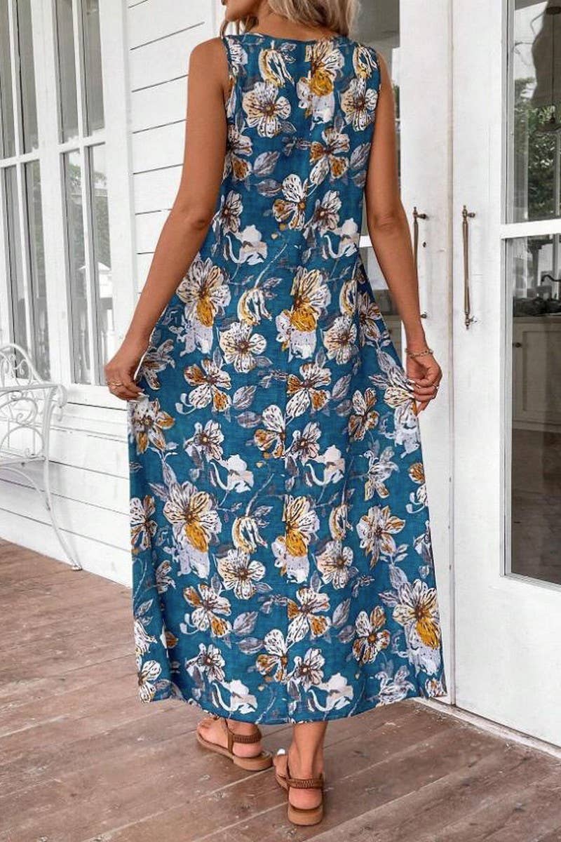 CWDMD5872_SLEEVELESS FLORAL PRINT ROUND NECK A-LINE DRESS