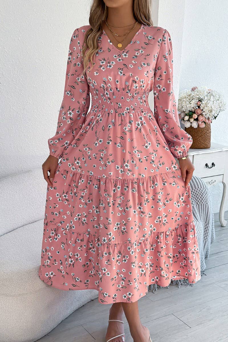 CWDMD6028_FLORAL V-NECK LONG SLEEVE RUFFLE WAIST DRESS