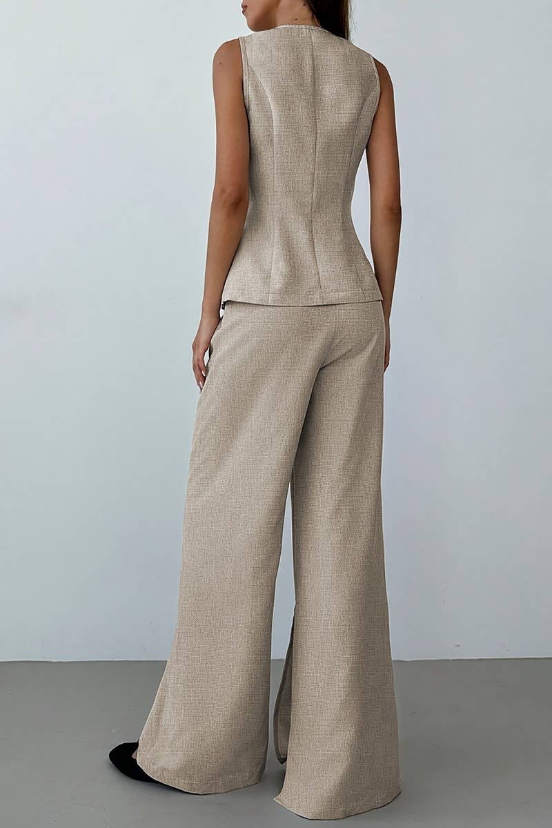 CWSTB2163_LIGHTWEIGHT V-NECK VEST & SLIT WIDE-LEG PANTS SET
