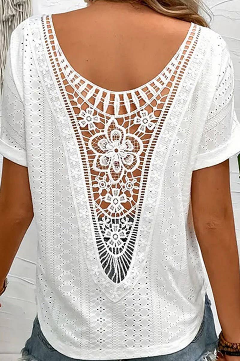 CWTTS1397_SUMMER SOLID COLOR EMBROIDERED HOLLOW T-SHIRT