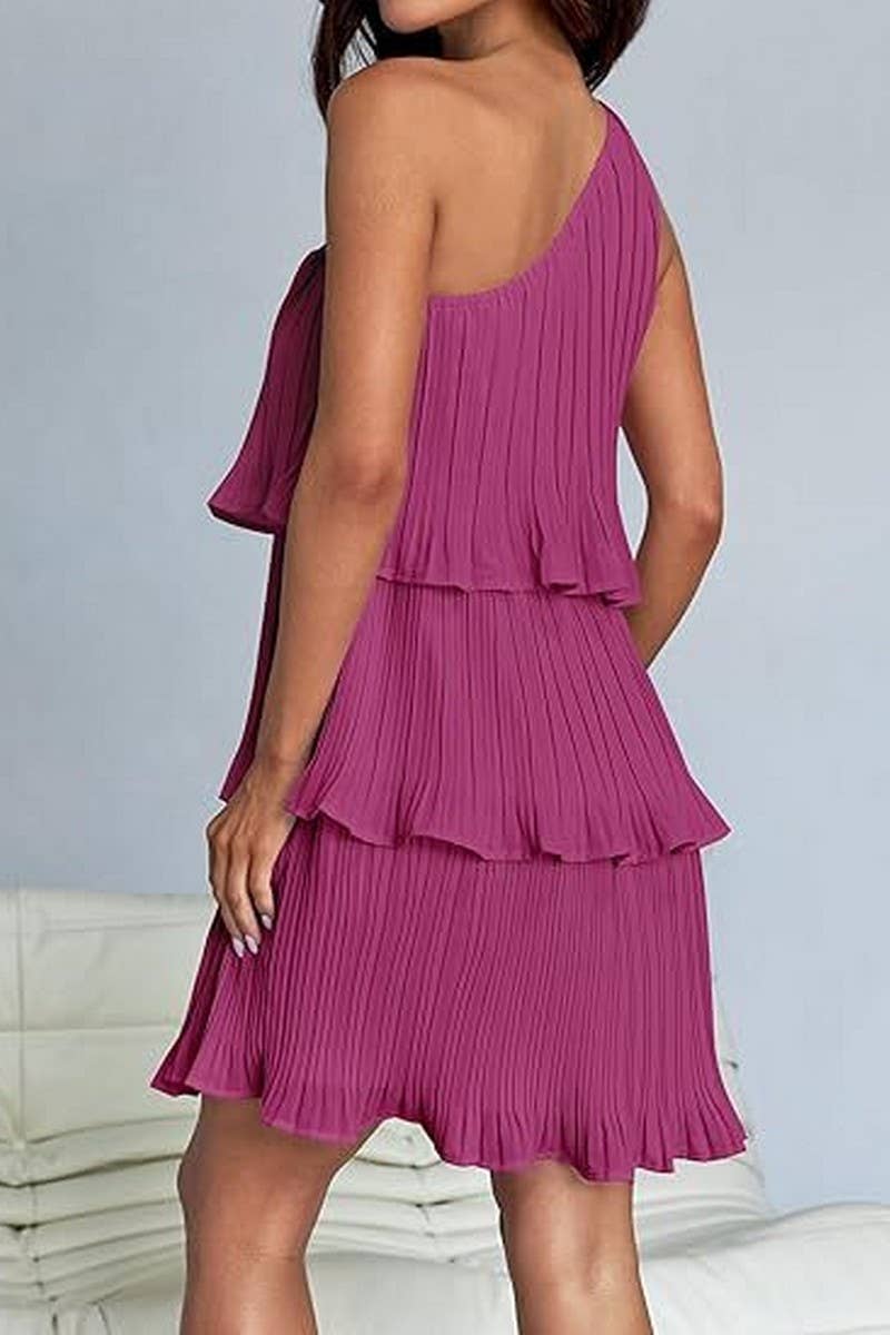 CWDSD8779_OFF-SHOULDER LAYERED HEM PLEATED SLEEVELESS DRESS