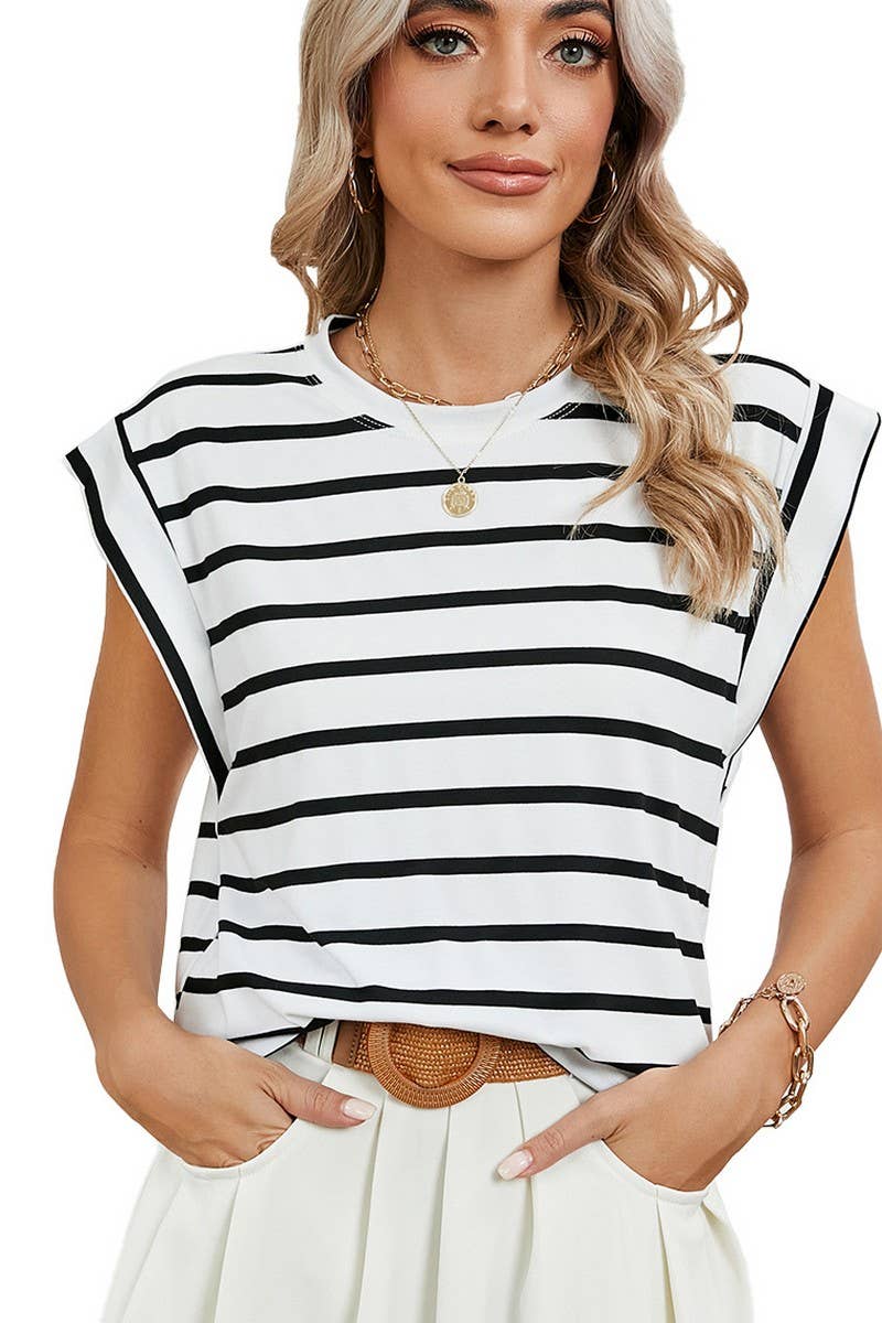 CWTBLS0865_ROUND NECK STRIPED RAGLAN SLEEVE T-SHIR