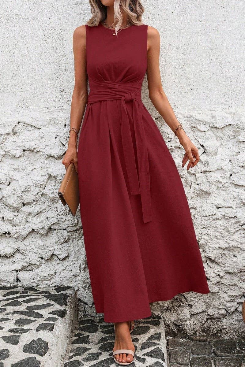 CWDMD5873_SOLID SLEEVELESS TIE WAIST CASUAL TANK DRESS