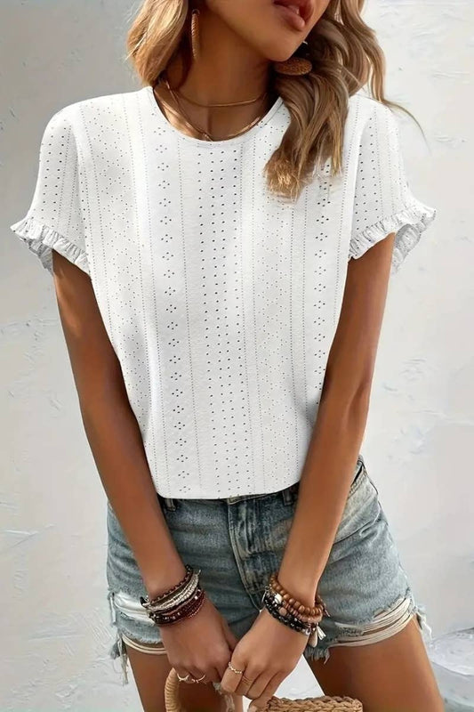 CWTBLS0766_PEPLUM CUT-OUT ROUND NECK SHORT-SLEEVED TOP