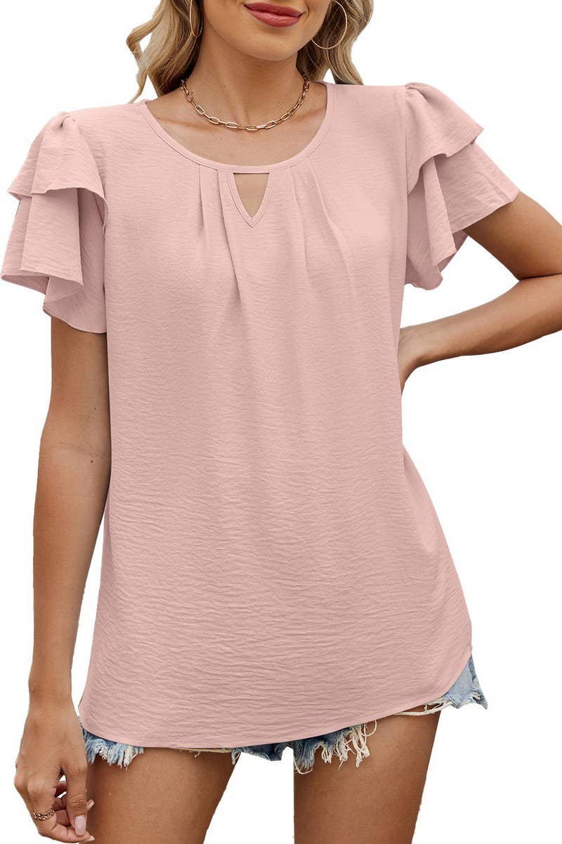 CWTTS1330_V-NECK HOLLOW DOUBLE-LAYER SLEEVE LOOSE T-SHIRT