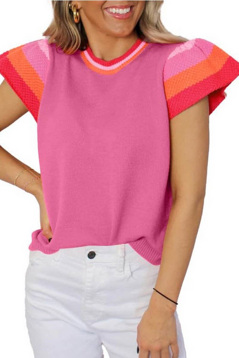 CWOSWS0124_CREW NECK CONTRAST COLOR KNIT SHORT SLEEVE TOP