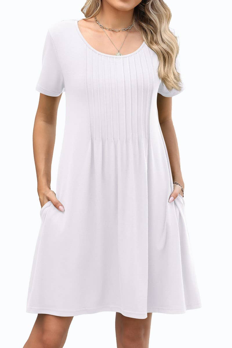 CWDSD8722_SOLID CREW NECK POCKET SHORT SLEEVE DRESS