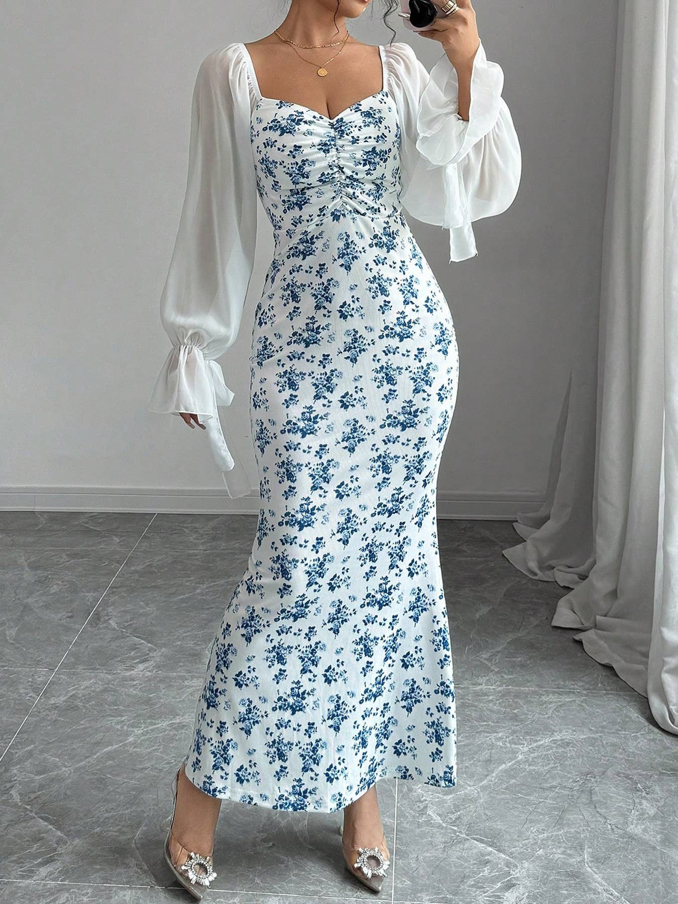 Chiffon patchwork long-sleeved printed dress
