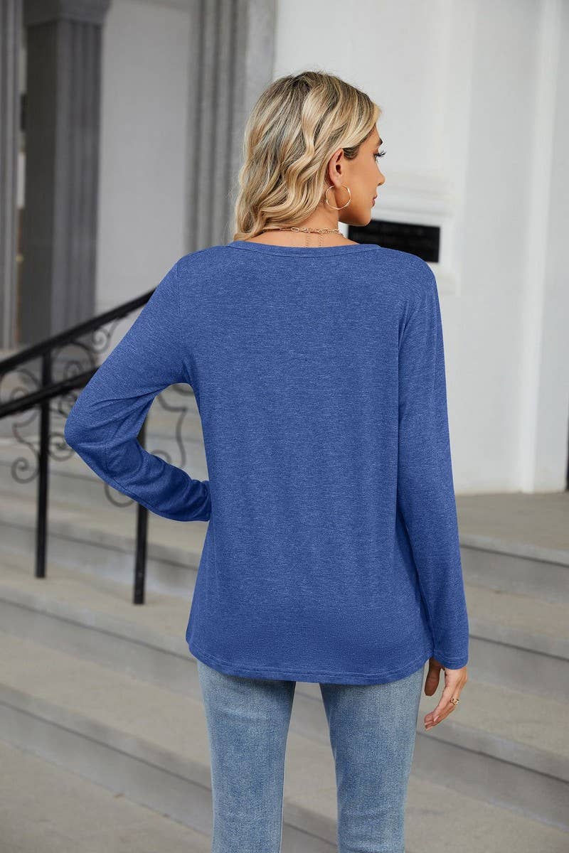CWTBLL2369_V-NECK SOLID COLOR LOOSE LONG-SLEEVED T-SHIRT