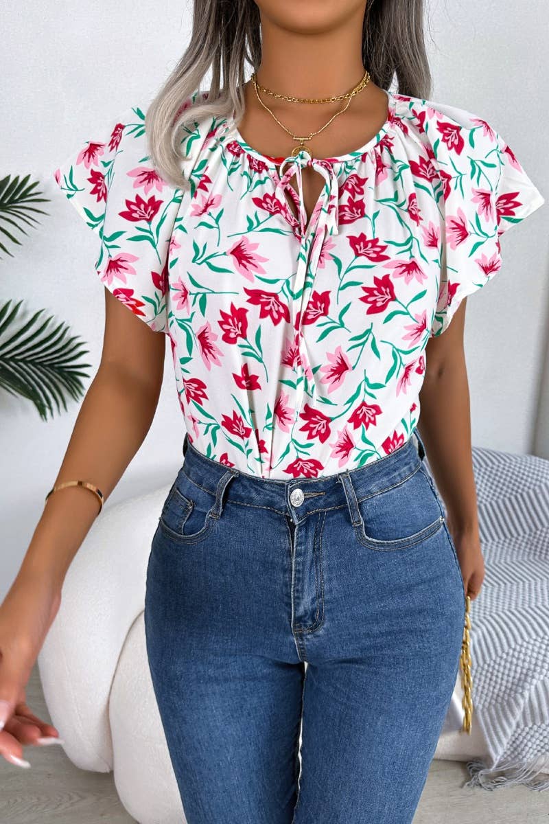 CWOV0302_SUMMER CASUAL LOOSE RUFFLED LACE CHIFFON TOP