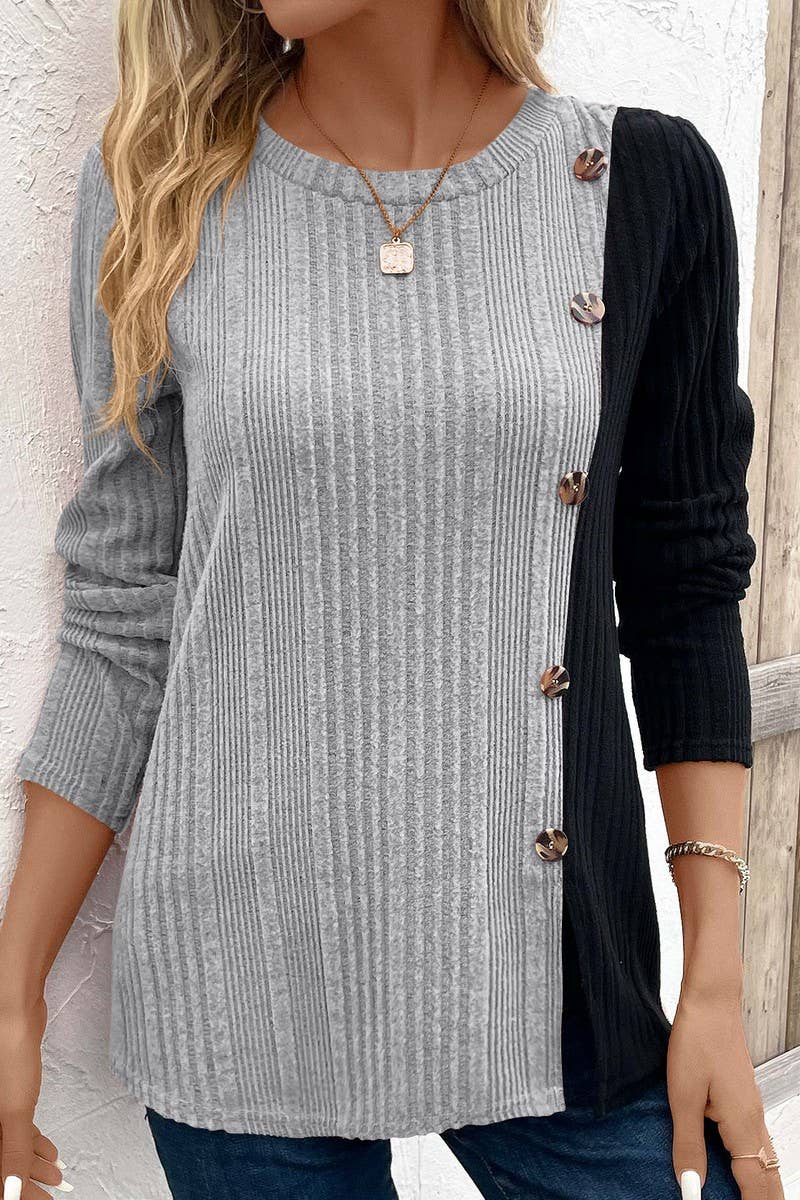 CWTBLL3195_COLORBLOCK CONTRAST BUTTON-DOWN SLIT CASUAL TOP