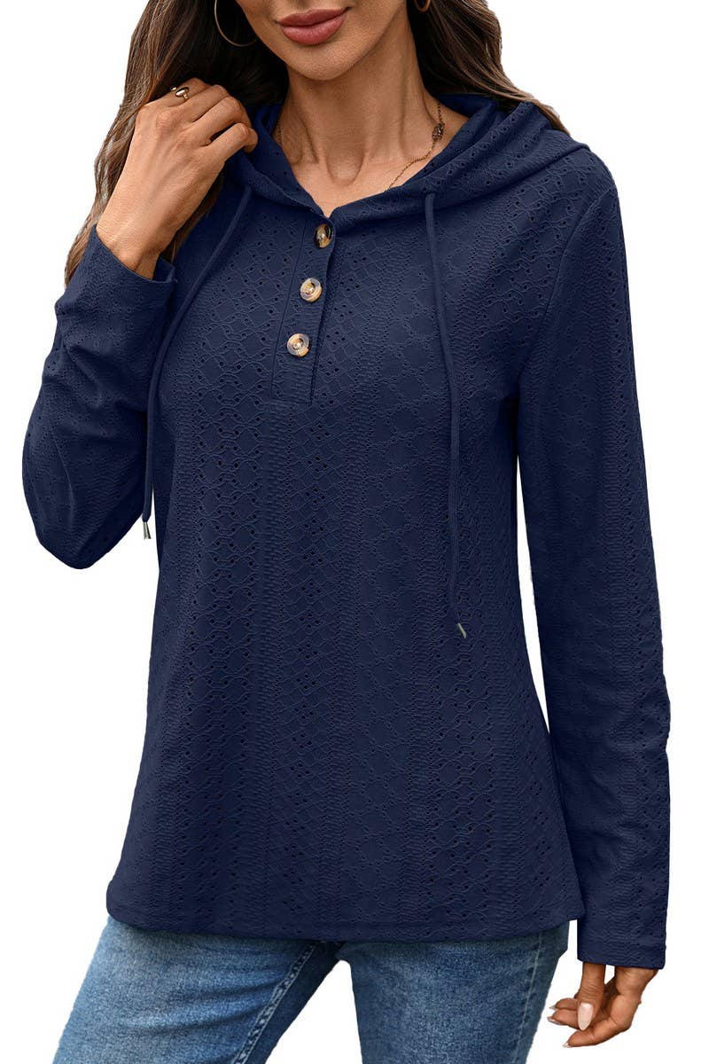 CWOHOL1119_V-NECK BUTTON DRAWSTRING PULLOVER LONG SLEEVE TEE