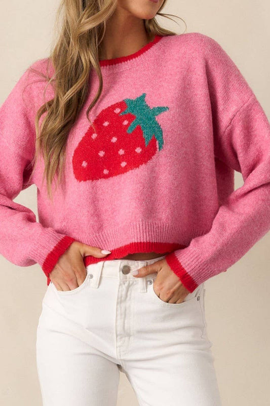 CWOSWL6958_SHORT STRAWBERRY PATTERN LONG SLEEVE KNIT SWEATER