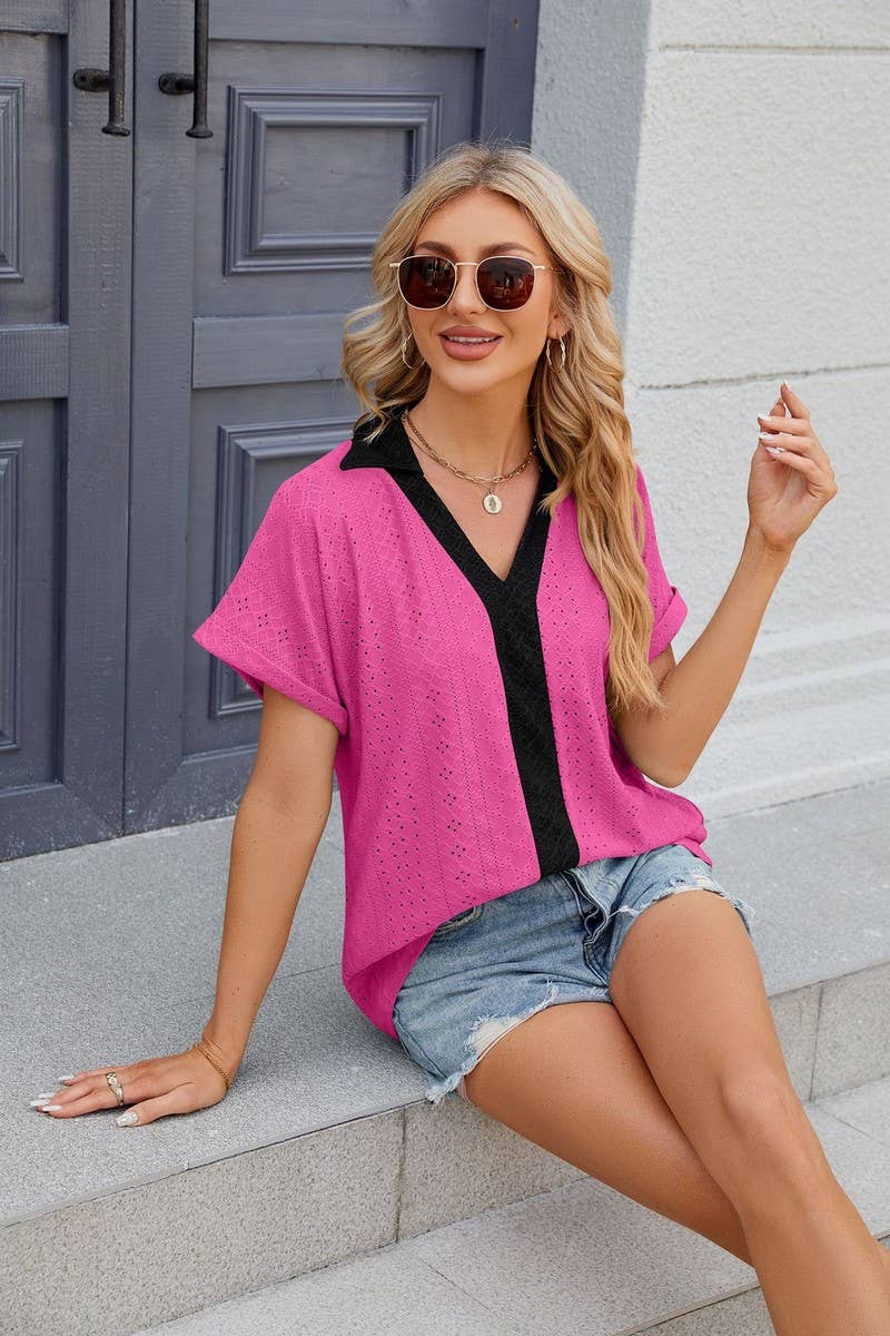 CWTTS0832_V-Neck Short Sleeve Knit Top