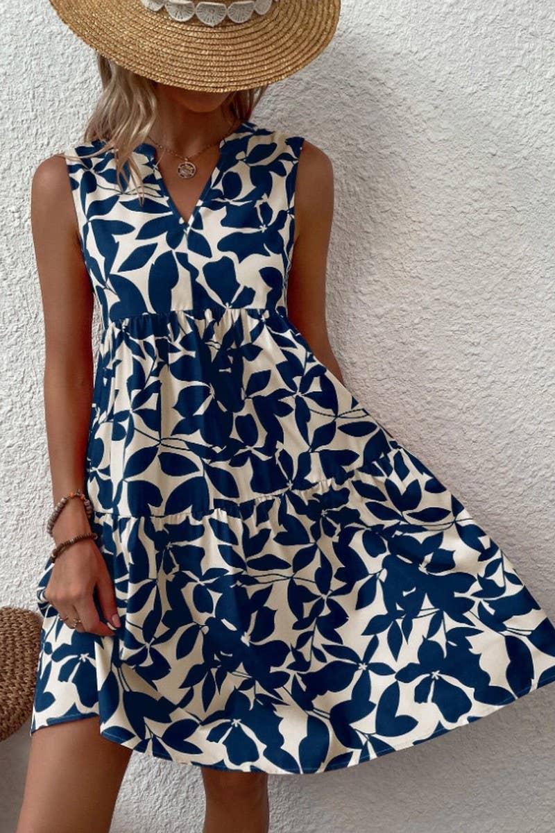 CWDSD8560_PRINTED V-NECK SLEEVELESS TIERED DRESS