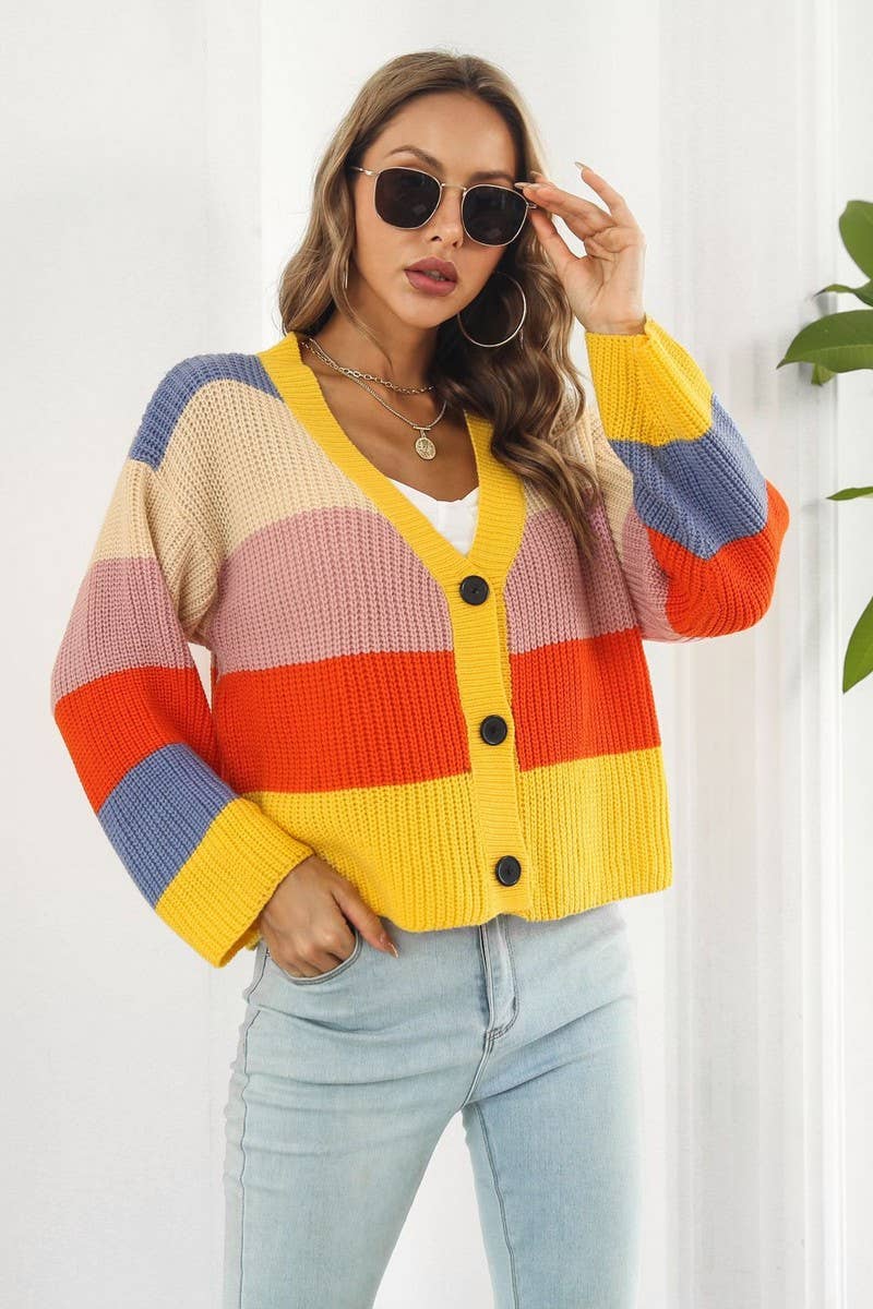 CWOCAL1224_CONTRAST RAINBOW STRIPES LOOSE KNIT CARDIGAN