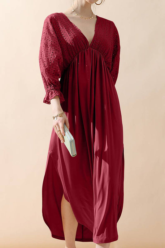 CWDMD795_3/4 SLEEVE V NECK LONG DRESS