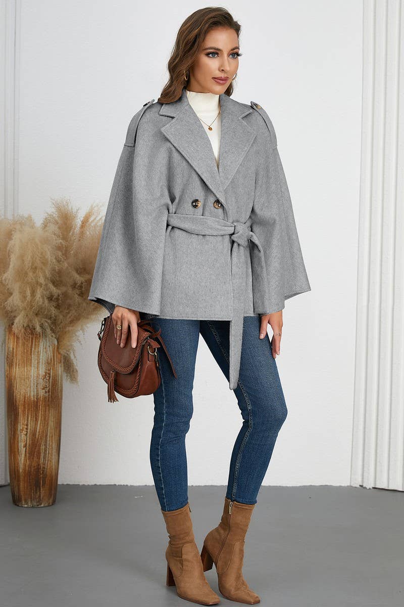 CWOCO0941_SOLID COLOR BELTED LAPEL CAPE TWEED COAT