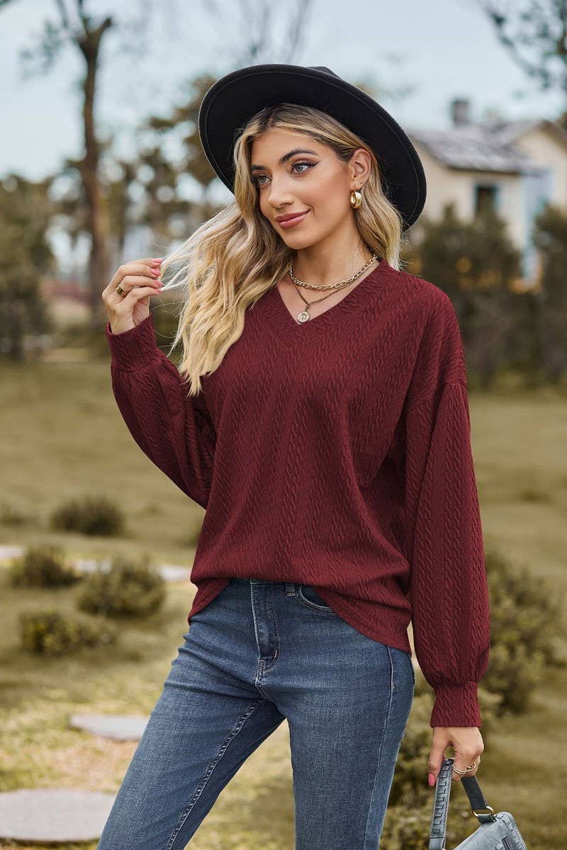 CWTBLL0498_V-neck Pullover Long Sleeve Top