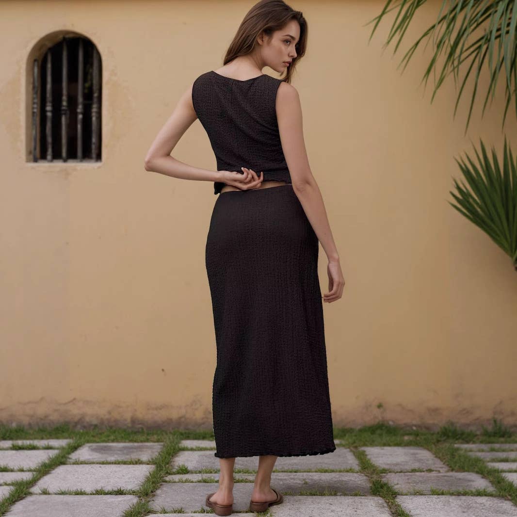 Button-down top embossed knitted long skirt set