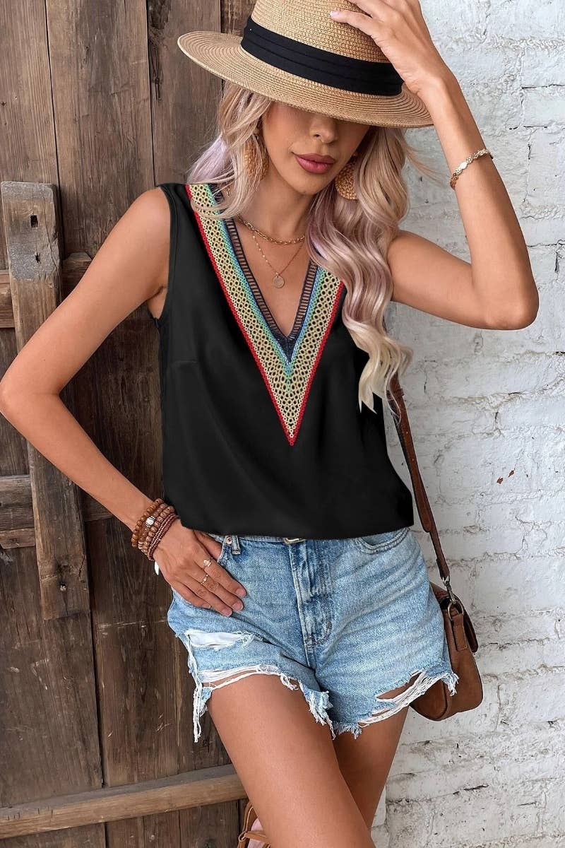 CWTBLSL0248_SUMMER V-NECK LACE SLEEVELESS CASUAL TOP VEST