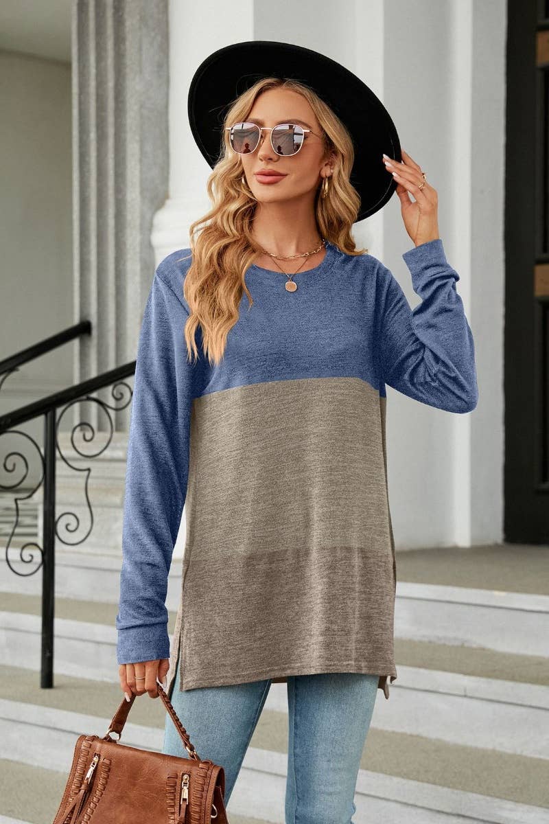 CWTBLL2818_CREW-NECK COLOR MATCHING LONG-SLEEVED TOP