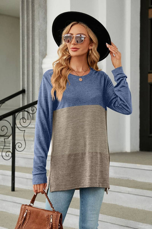CWTBLL2818_CREW-NECK COLOR MATCHING LONG-SLEEVED TOP