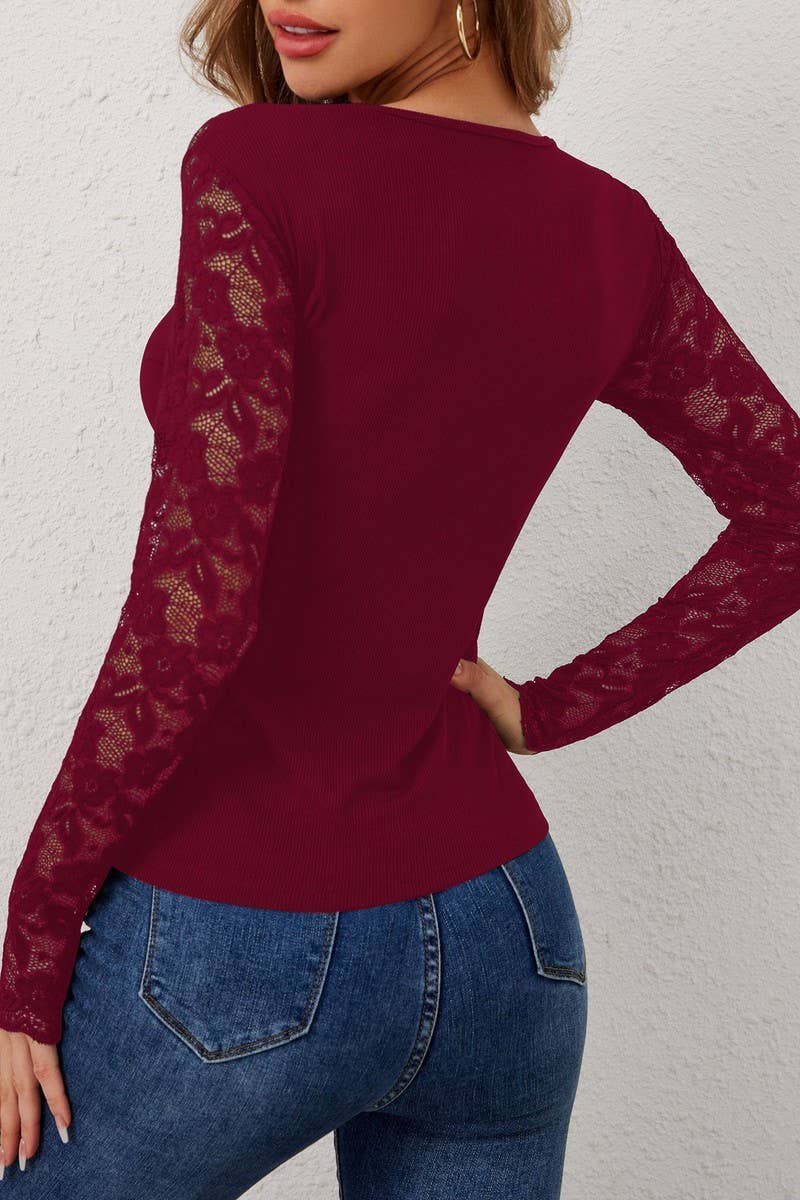 CWTBLL3476_V-NECK LACE PANEL SLIM-FIT LONG-SLEEVED TOP