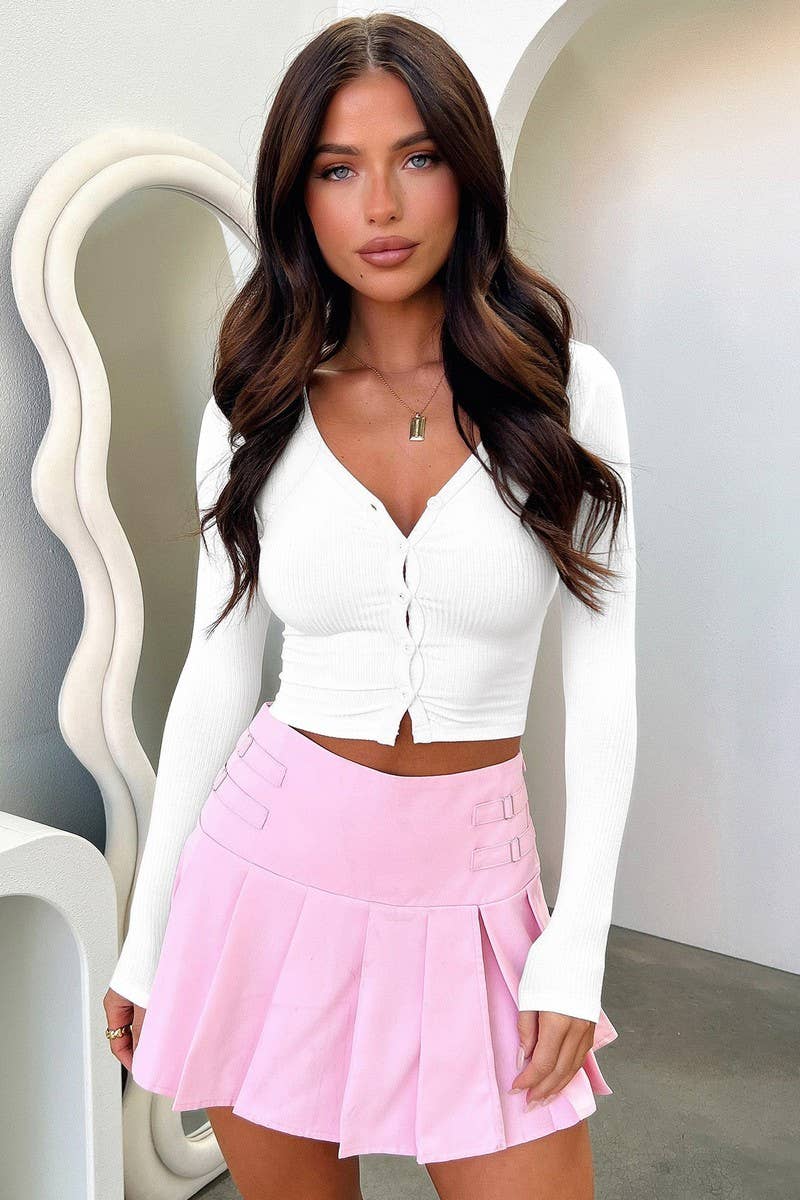 CWTTL2051_SEXY NAVEL-BARING THREADED BUTTON SHOULDER T-SHIRT